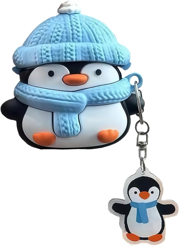 Charging Earphone Case Compatible with Airpods 4,Christmas Cute Animal Hat Penguin Design Soft Silicone Full Body Protective Skin Cover, Kids Girls Women Cartoon Earbuds Accessories with Pendant