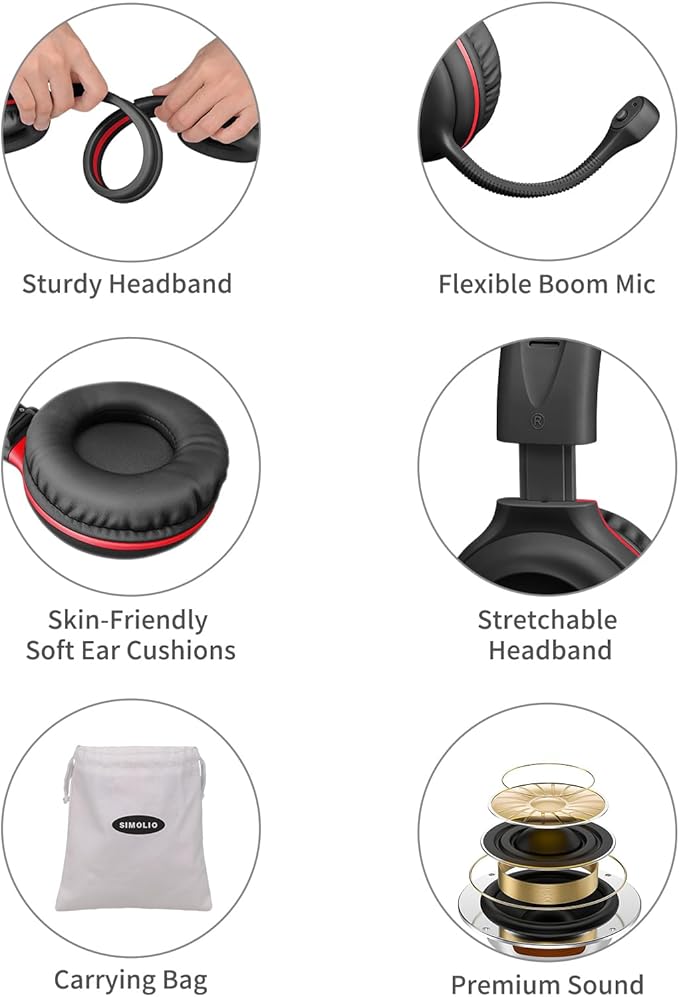 SIMOLIO Headphones Wired Kids with Boom Microphone for School & Meeting & Gaming, 3 Levels Hearing Protection Headphones for Boys, Girls, Children, Teens, Foldable Durable Stereo Headsets for iPad, PC