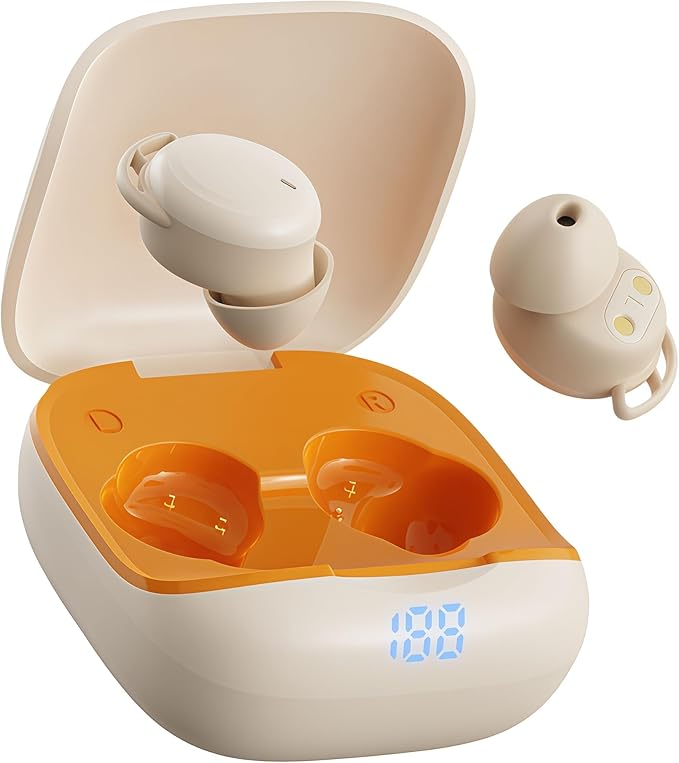 Wireless Sleep Earbuds, Mini Invisible Noise Masking Headphones for Side Sleepers, Bluetooth 5.4, All-Night Wear, Powerful Bass & Weightless Cloud Feeling (Beige Orange)
