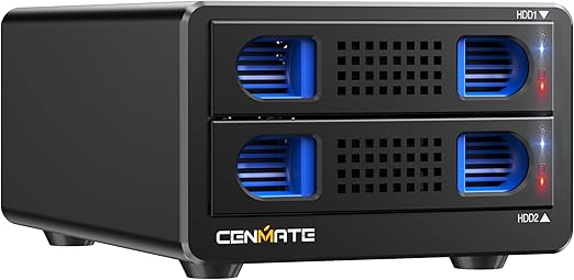 CENMATE Aluminum 2 Bay Hard Drive Enclosure with Cooling Fan for 2.5“/3.5" SATA HDD/SSD with USB A/C 3.0, Support Hot Swappable, Tool-Free HDD Enclosure, DAS(NO RAID/NAS)