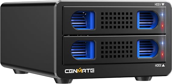 CENMATE Aluminum 2 Bay Hard Drive Enclosure with Cooling Fan for 2.5“/3.5" SATA HDD/SSD with USB A/C 3.0, Support Hot Swappable, Tool-Free HDD Enclosure, DAS(NO RAID/NAS)