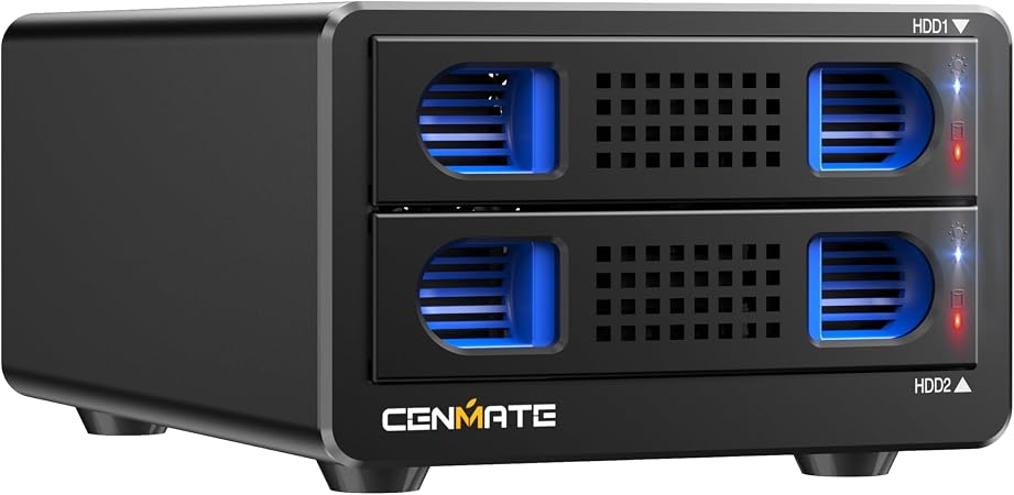 CENMATE Aluminum 2 Bay Hard Drive Enclosure with Cooling Fan for 2.5“/3.5" SATA HDD/SSD with USB A/C 3.0, Support Hot Swappable, Tool-Free HDD Enclosure, DAS(NO RAID/NAS)
