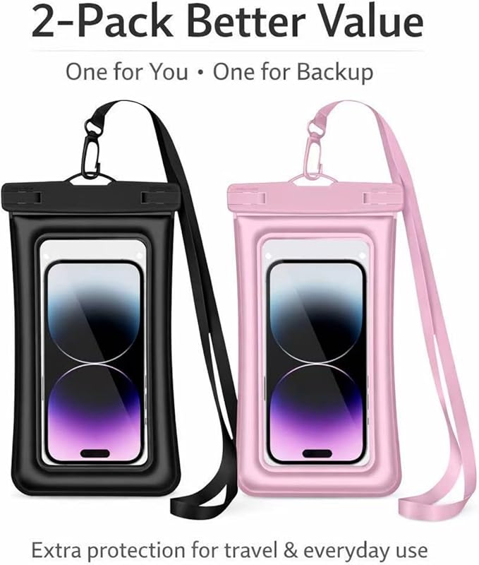 Floating Waterproof Phone Pouch (2-Pack), IPX8 Dry Bag with Built-in Airbag, Touch-Friendly Clear Case with Lanyard for Beach, Swimming, Kayaking & Cruise, Fits Phones up to 7.2" (Black-Pink)