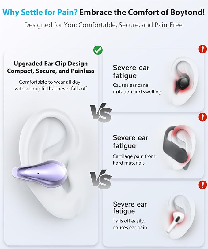 Ultra Open Ear Earbuds – Comfortable Clip-on Bone Conduction Headphones, Wireless Bluetooth Earphones with Waterproof Design, Over Ear Buds for Running and Sports, Simple Purple
