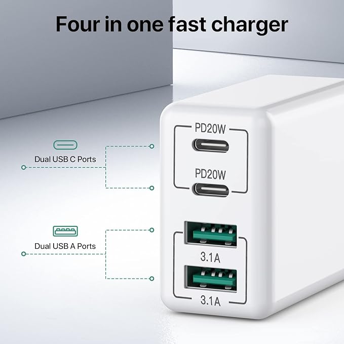 [2 Pack] USB C Wall Charger, 40W 4-Port USB C Charger Block,Fast Charging Block Dual Port PD+QC Wall Plug Multiport Type C Compatible with iPhone 14/13/12/11/Pro Max/XS/XR/8, Samsung Phone,Tablet