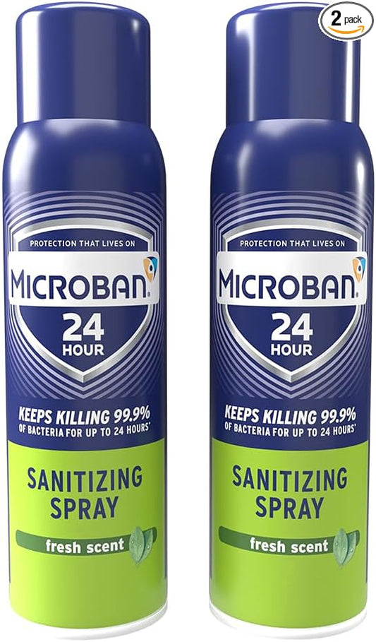 MICROBAN Sanitizing Spray, 15 oz., 2 Pack, Fresh Scent, Penetrates Soap Scum, Greasy Soils and Reduces Odors, Keeps Killing 99.9% of Bacteria on Hard, Non-Porous Surfaces in Home for up to 24 Hours
