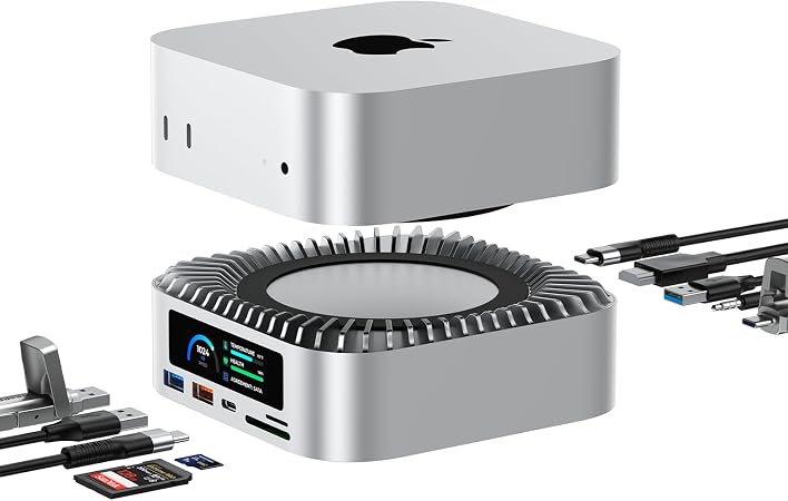 RayCue All-in-One Dock for Mac mini M6, M5 Pro, M4 with Smart Displays, NVMe/SATA SSD Enclosure, 4K60Hz HDMI, 10G USB-A/C, 5G USB-A*2, USB-C Charging, SD/TF, Audio – Mac mini M4 HUB &Docking Station