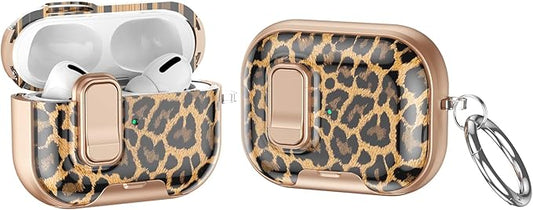 Case Compatible with AirPods Pro/Pro2, Elegant Leopard Pattern Cover for AirPods Pro 2nd/1st Gen with Built-in Phone Stand, One-Click Secure Lock & Carabiner,Wireless Charging,Gift for Girls Women