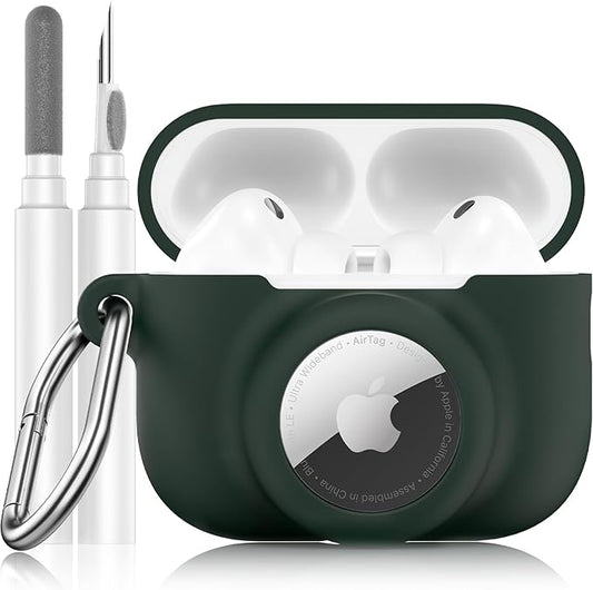 2 in 1 Silicone Case Compatible with AirPods Pro 3 and AirTag 2/1, Shockproof Protective Case Cover for AirPods Pro 3rd Generation 2025 with Cleaner Kit & Carabiner (Dark Green)