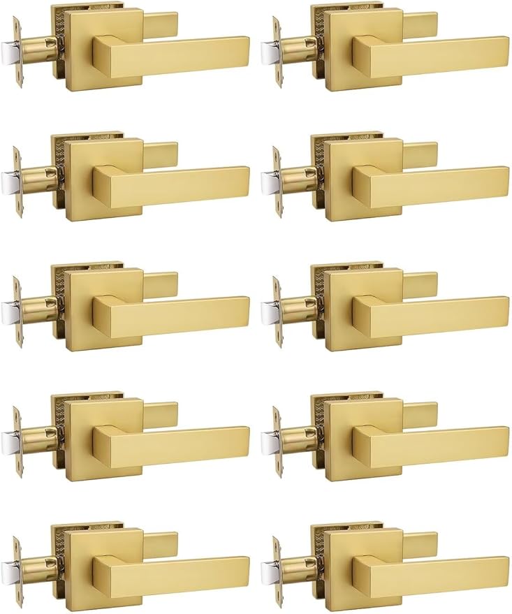 10 Pack Gold Keyless Square Levers Handles, Satin Brass Finish, Interior Passage Door Locksets for Hall Closet Door Knobs Lock Reversible Right & Left Handed