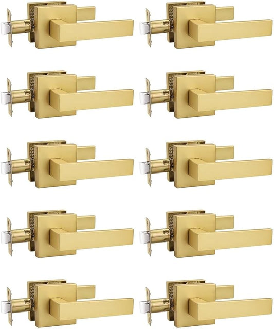 10 Pack Gold Keyless Square Levers Handles, Satin Brass Finish, Interior Passage Door Locksets for Hall Closet Door Knobs Lock Reversible Right & Left Handed