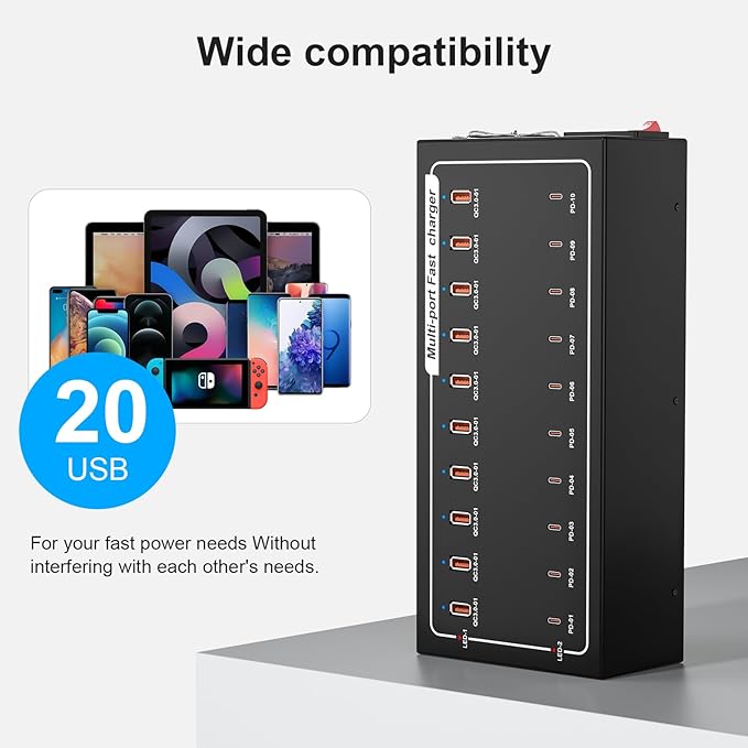 400W USB Charging Station, Charger with 10 PD Ports for MacBook Pro, iPhone, Smartphones, Tablets and Other Devices，Fast Compact Travel Adapter