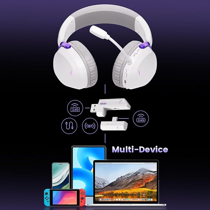 Akko GH300 Wireless Gaming Headphone, Quad-Mode Connectivity White Headset with 50mm Drivers, Virtual 7.1 Surround Sound, Noise Cancelling Mic, RGB Lights Compatible with Laptop, Desktops