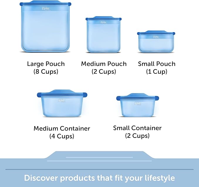 Ziploc Endurables Pouch and Containers Variety Pack, Reusable Silicone Bags and Food Storage Meal Prep Containers for Freezer, Oven, and Microwave, Dishwasher Safe, 5 Total