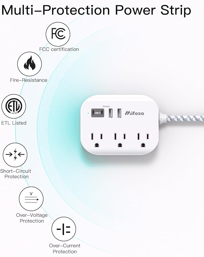Cruise Ship Essentials - Mifaso Power Strip with USB Ports, 1Ft Flat Extension Cord with Multiple Outlets, USB Charging Station with Non Surge Protector for Cruise Ship, Travel, Dorm Room Essentials