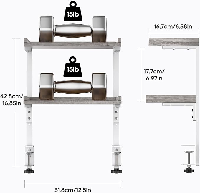 Clamp On Desk Shelf 2-Tier, Wood Shelving Unit for Office Desk/Gaming Accessories, Tabletop Book Storage Rack, Shelf for Top of Desk, Grey