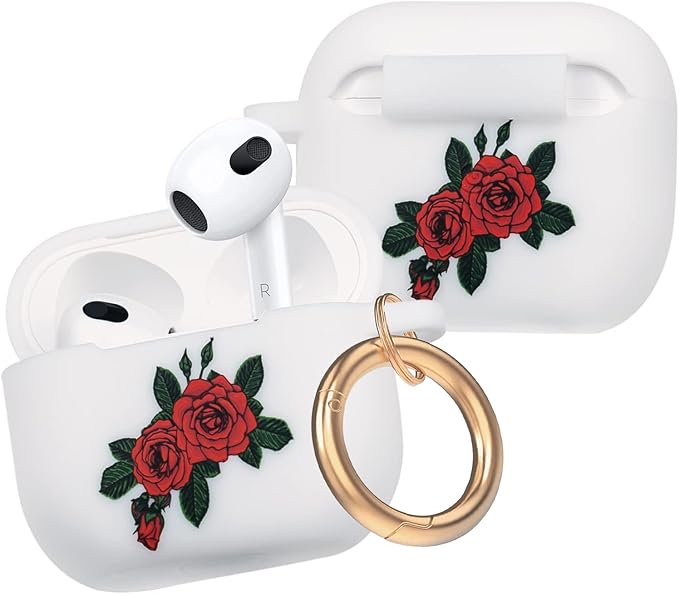 Flower Silicone Compatible with AirPods 3 Case 2021, Gawnock Soft Case Cover Compatible with AirPods 3rd Generation Floral Print Cover for Women Girls with Keychain (Rose Flower)
