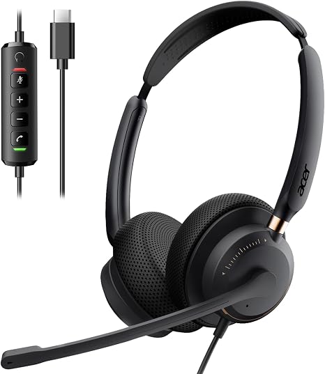 USB Headset with Microphone for PC, Wired Headset with Mic On-Ear Computer Laptop Headphones Dual Ear Only USB C Headset , 40mm Drivers Wired Headset with Mic for Work, Call Center Headset for Office