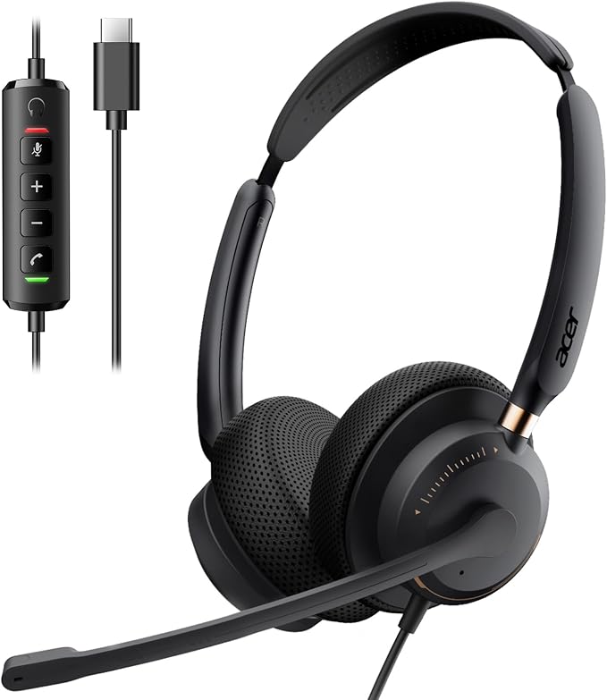 USB Headset with Microphone for PC, Wired Headset with Mic On-Ear Computer Laptop Headphones Dual Ear Only USB C Headset , 40mm Drivers Wired Headset with Mic for Work, Call Center Headset for Office