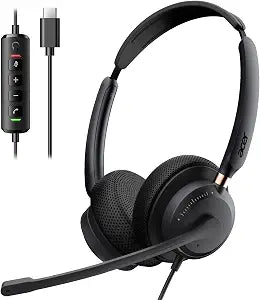 USB Headset with Microphone for PC, Wired Headset with Mic On-Ear Computer Laptop Headphones Dual Ear Only USB C Headset , 40mm Drivers Wired Headset with Mic for Work, Call Center Headset for Office