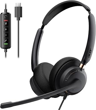 USB Headset with Microphone for PC, Wired Headset with Mic On-Ear Computer Laptop Headphones Dual Ear Only USB C Headset , 40mm Drivers Wired Headset with Mic for Work, Call Center Headset for Office