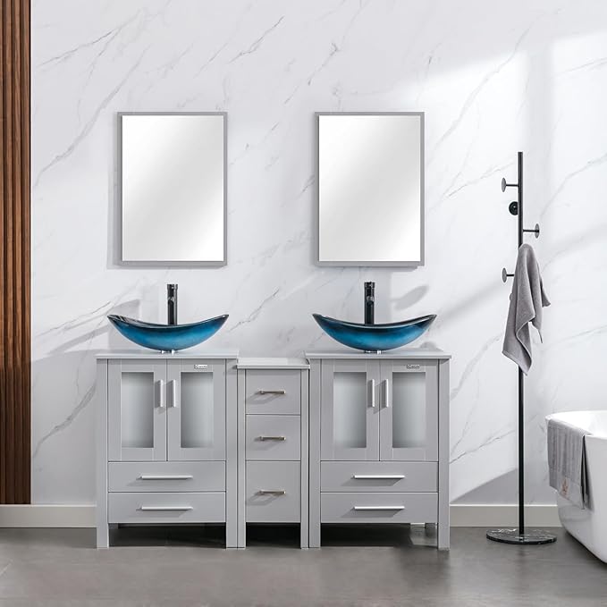 eclife 60" Modern Bathroom Vanity Sink Combo Freestanding Cabinet with Small Side Cabinet, Blue Boat Glass Vessel Sink, Water Save Faucet, Drain (Gray+A29BU)