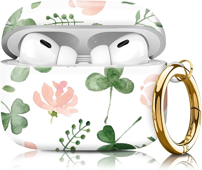 Compatible with Airpod pro 2nd/1st Generation Case Cover with Gold Round Keychain Cute Pattern Hard & Anti Slip Cover for Men Women & Girls（Flowers and Plants）