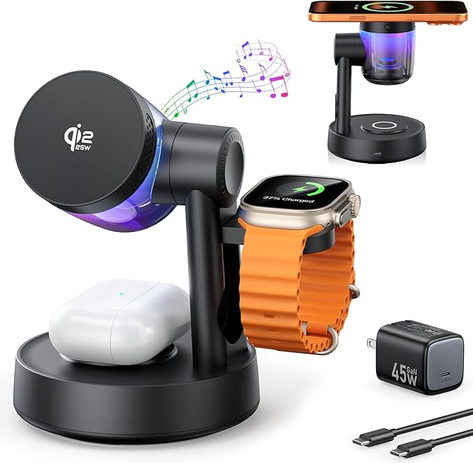 Qi2.2 25W Fast Wireless Charger Design for MagSafe Charger for iPhone 17/16/S26 Ultra, 3 in 1 Magnetic Charging Station with Bluetooth Speaker & Light, Watch Charger Stand for Apple Watch, for Buds