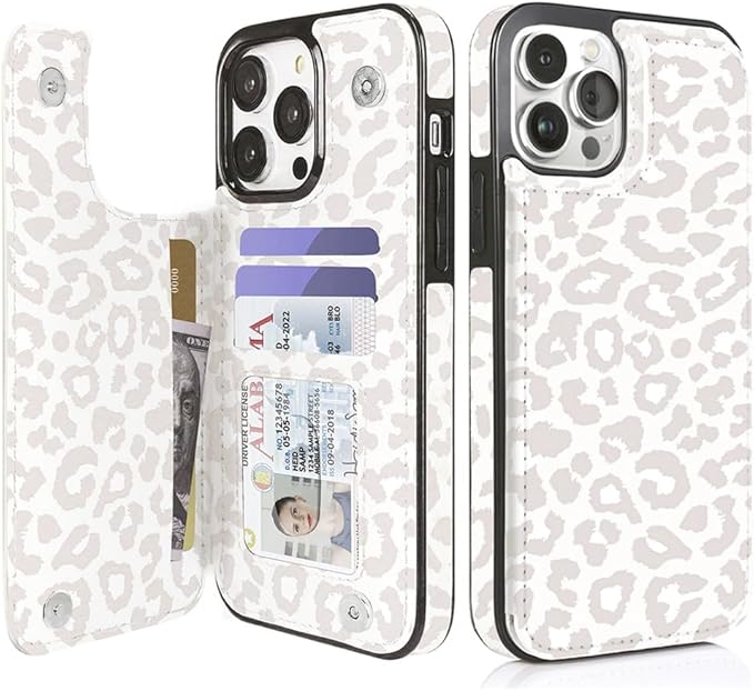 uCOLOR Compatible with iPhone 14 Pro Max 6.7" Wallet Case with Card Holder Folio Flip PU Leather Kickstand Card Slots Case Double Magnetic Clasp and RFID Blocking Cover 6.7 Inch (Beige Leopard)