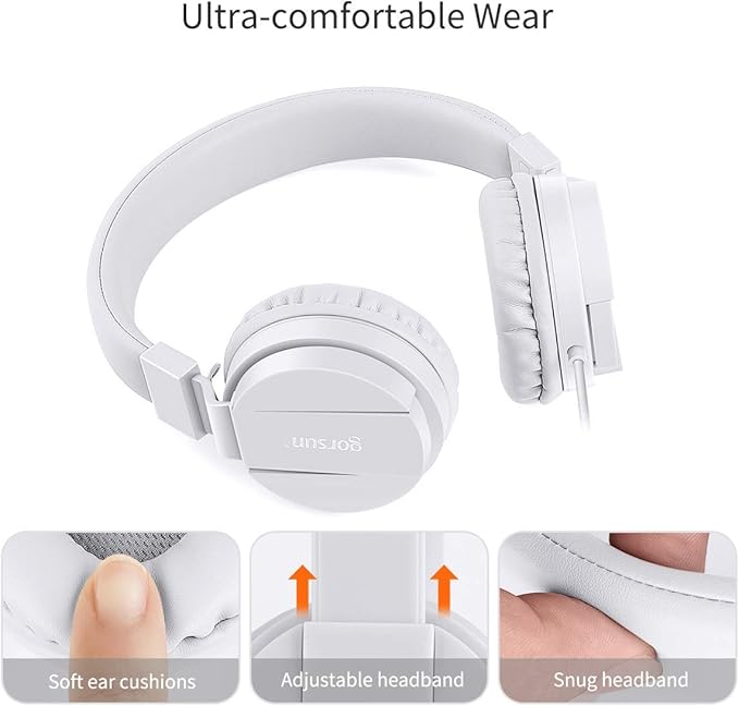 gorsun Kids Headphones, Lightweight Stereo Wired Toddler Headphones，Adjustable Headband Children's Headset for Smartphones Computer Pad Earphones(White)