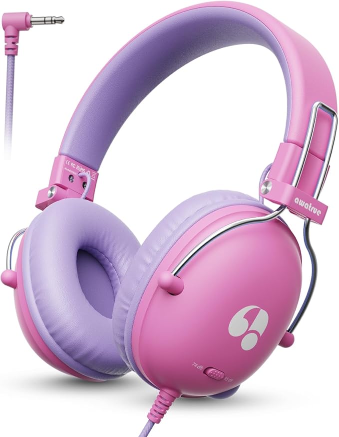 Kids Headphones, 74/85dB Safe Volume Limit, Stereo Sound, Wired On-Ear Headphones for Kids Boys Girls, 3.5mm Jack for Tablet, iPad, Kindle, YOTO Player, Airplane Travel, Pink