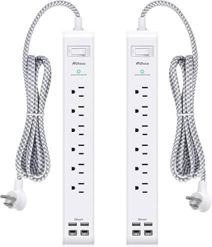 Mifaso 2 Pack Power Strip, 5FT Flat Plug Extension Cord, Surge Protector