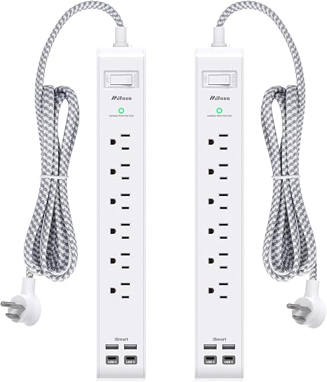 Mifaso 2 Pack Power Strip, 5FT Flat Plug Extension Cord, Surge Protector