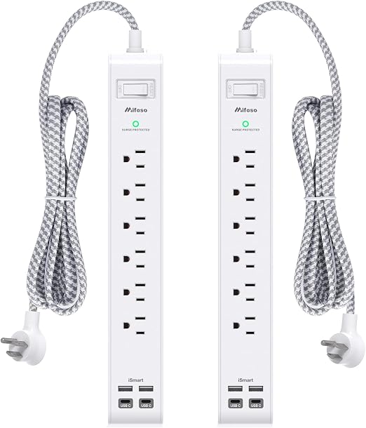 Mifaso 2 Pack Power Strip, 5FT Flat Plug Extension Cord, Surge Protector