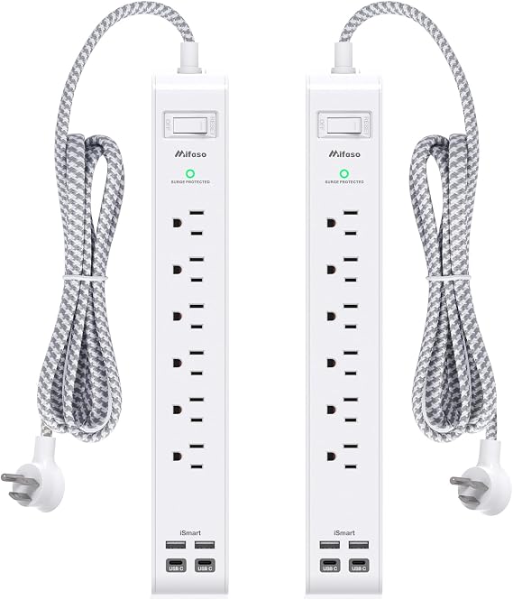 Mifaso 2 Pack Power Strip, 5FT Flat Plug Extension Cord, Surge Protector