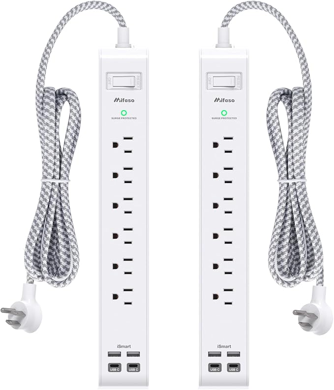 Mifaso 2 Pack Power Strip, 5FT Flat Plug Extension Cord, Surge Protector