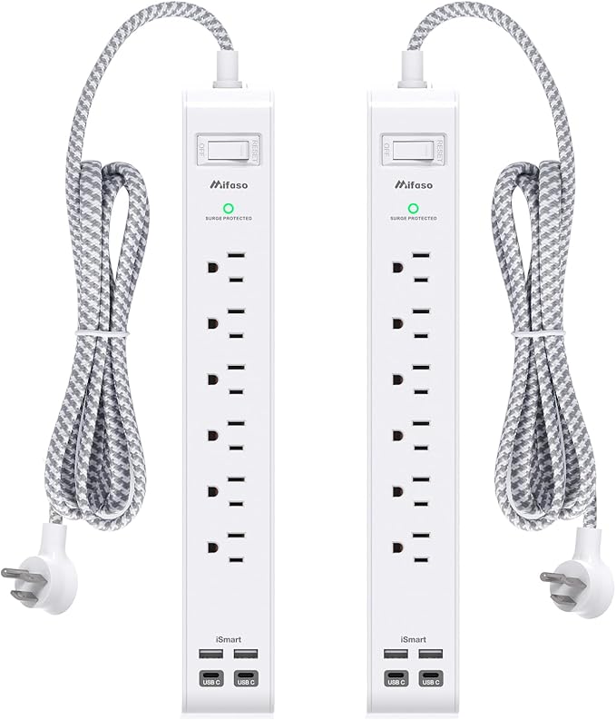Mifaso 2 Pack Power Strip, 5FT Flat Plug Extension Cord, Surge Protector