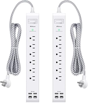 Mifaso 2 Pack Power Strip, 5FT Flat Plug Extension Cord, Surge Protector
