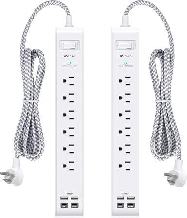 Mifaso 2 Pack Power Strip, 5FT Flat Plug Extension Cord, Surge Protector