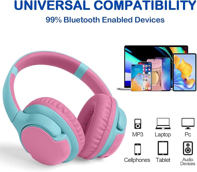 ZIHNIC Kids Bluetooth Headphones, 40Hrs Play time, Kids Wireless Headphones Over Ear with 85dB/94dB Volume Limited - Pink