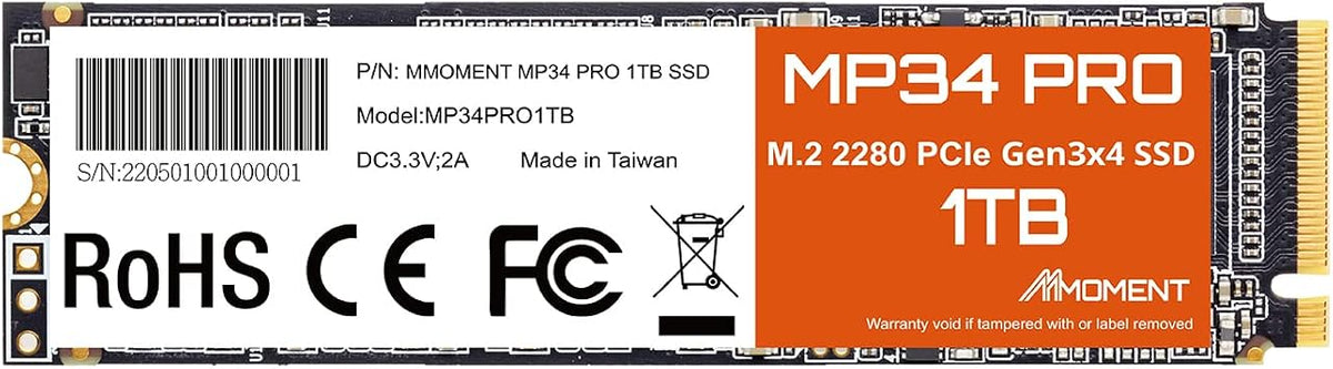 MMOMENT MP34 PRO 1TB PCIe 3.0 NVMe M.2 2280 SSD with DRAM, 3500MB/s