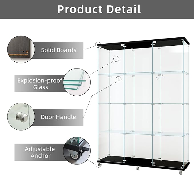 LFT HUIMEI2Y Glass Display Cabinet 12 Shelves with 3 Columns 2 Doors and Lock, Extra Large DIY Curio Cabinets Quick-Install Style Tempered Glass Bookshelf for Living Room, Bedroom, Black