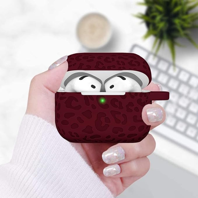 Engraved Leopard Case Compatible with AirPods 4th Generation Cover with Keychain, Skin Soft Cover for Compatible with AirPods 4 Case Full Protection,Front LED Visible, Wine Red