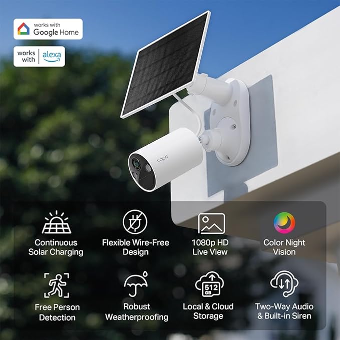 Tapo TP-Link 𝗧𝗮𝗽𝗼 SolarCam C402 Kit, Outdoor Battery Camera w/Solar Panel Base, Wireless, 1080P, Free Person Detection, SD/Cloud Storage, Color Night Vision, No Hub Needed, Works w/Alexa
