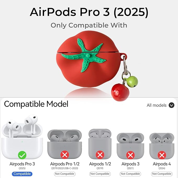 for AirPods Pro 3 Case 2025 - Cute Kawaii Soft Silicone Shockproof Protective Cover, 3D Cartoon Fruit Tomato Funny Design with Keychain for Girls Women Boys