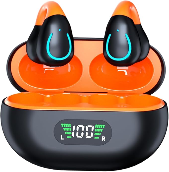 Open-Ear Wireless Headphones Bluetooth Clip On Mini Earbuds Charging Case Ear Buds Sports Bone Conduction Headphones Earphones for Workout Driving Walking (Black(Orange))