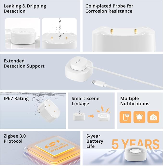 SONOFF SNZB-05P Zigbee Water Leak Sensor Without Detection Cable for Alarm System and Smart Home Automation, Wireless Mini Flood Detector for Kitchen Bathroom Basement 1Pack