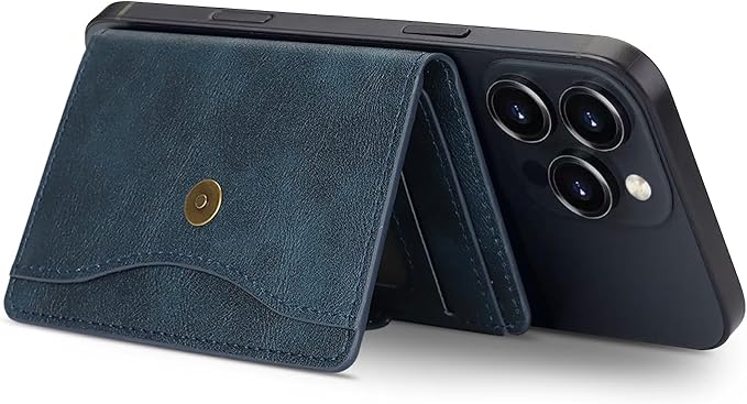 Ultra-Thin Magnetic Wallet Card Holder for iPhone and All MagSafe Protective Cases，Premium PU leather, powerful magnetic closure, stand function, 6 card slots (Blue)