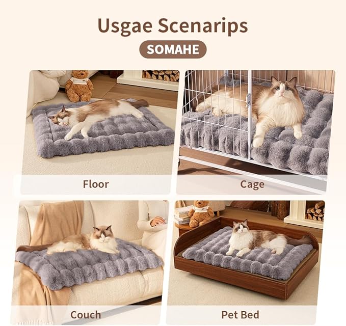 Cat Beds for Indoor Cats Plush Pad Mat with Non-Slip Bottom Faux Fur Soft Kitten Bed for Carriers/Floor/Couch Dog & Puppy Washable 23 x 15 Inch Medium Grey