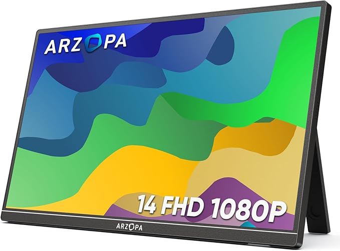 ARZOPA Portable Monitor Kickstand, 14.0" Ultra Slim Portable Laptop Monitor FHD 1080P External Display with Dual Speakers Second Screen for Laptop PC Phone Xbox PS4/5 Switch-A1S